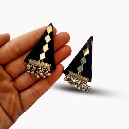 Black And Silver Mirror Triangular Studs Earrings For Women